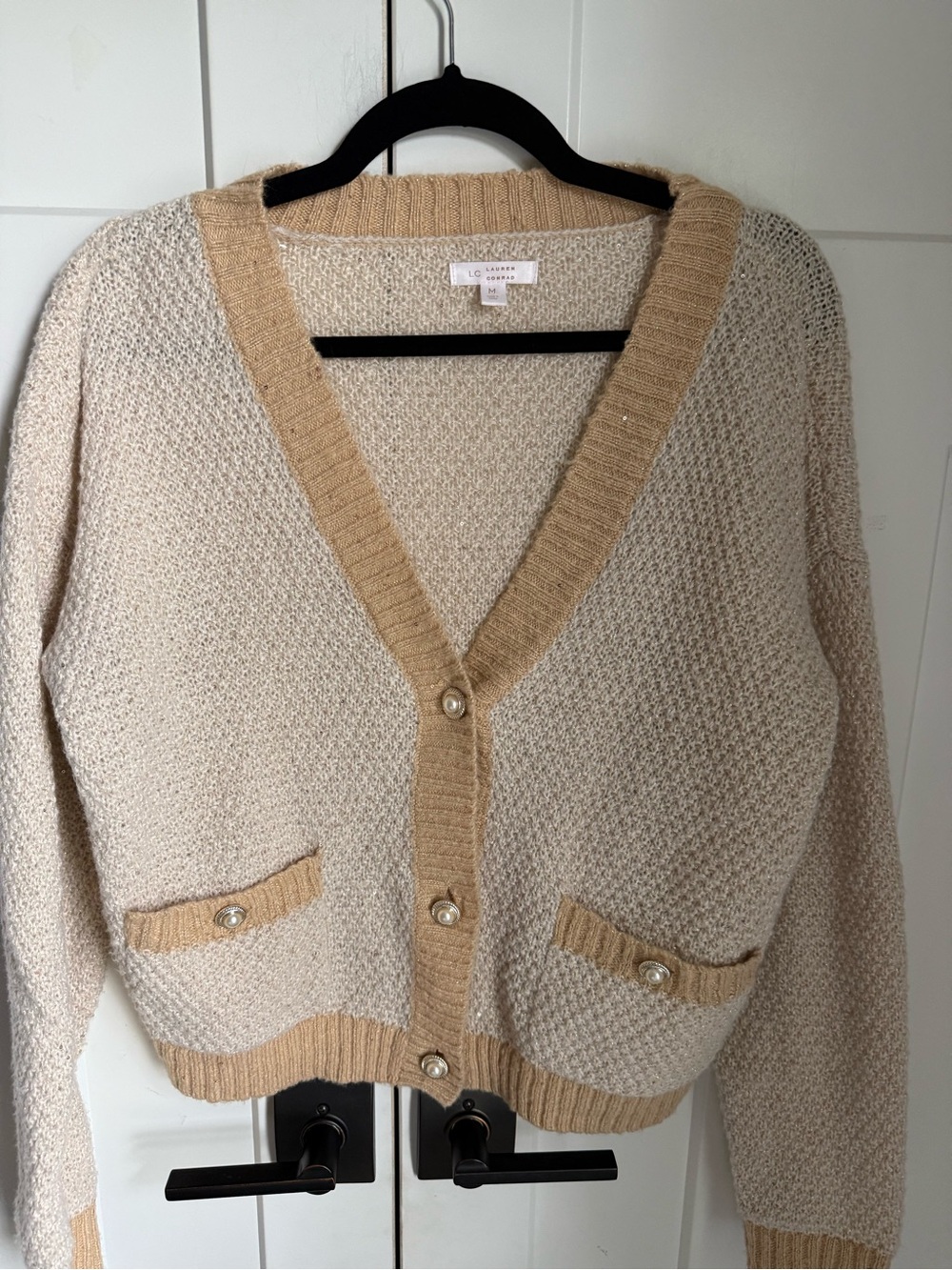 Lauren Conrad Beige & Camel V-Neck Cardigan with decorative buttons. Size M.